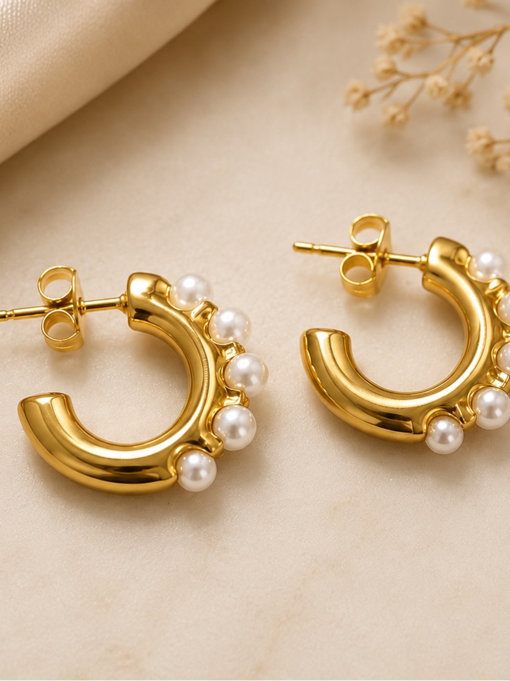 Gold Pearl Hoop Earrings | 304 Stainless Steel | PVD Gold Plated | Waterproof